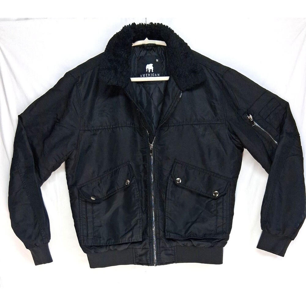 American Stitch Bomber Jacket Men M Black Military Flight Full Zip Winter Coat